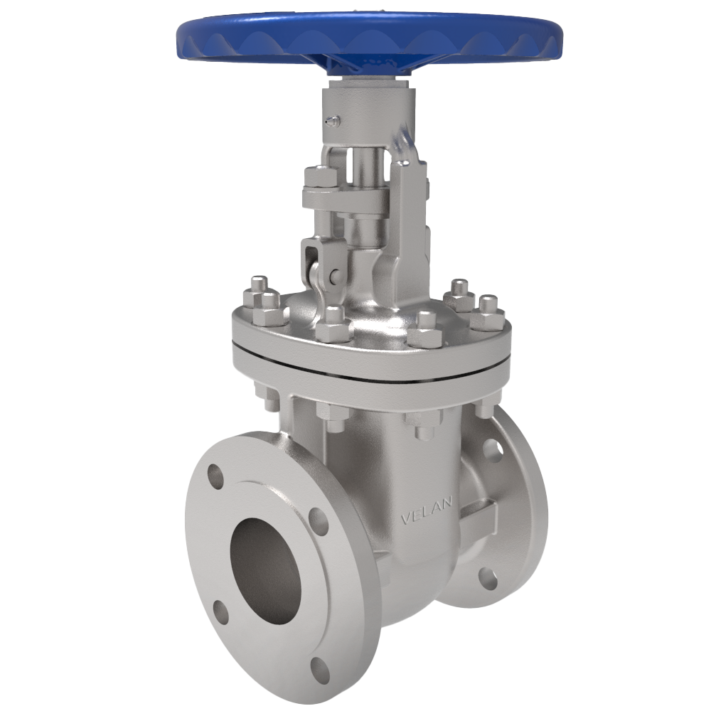 A metallic industrial valve with a blue handwheel on top. The body of the valve features multiple bolts and a prominent flange at the bottom. The word "VELAN" is engraved on the valve's body. The valve is designed for pipeline fluid control.