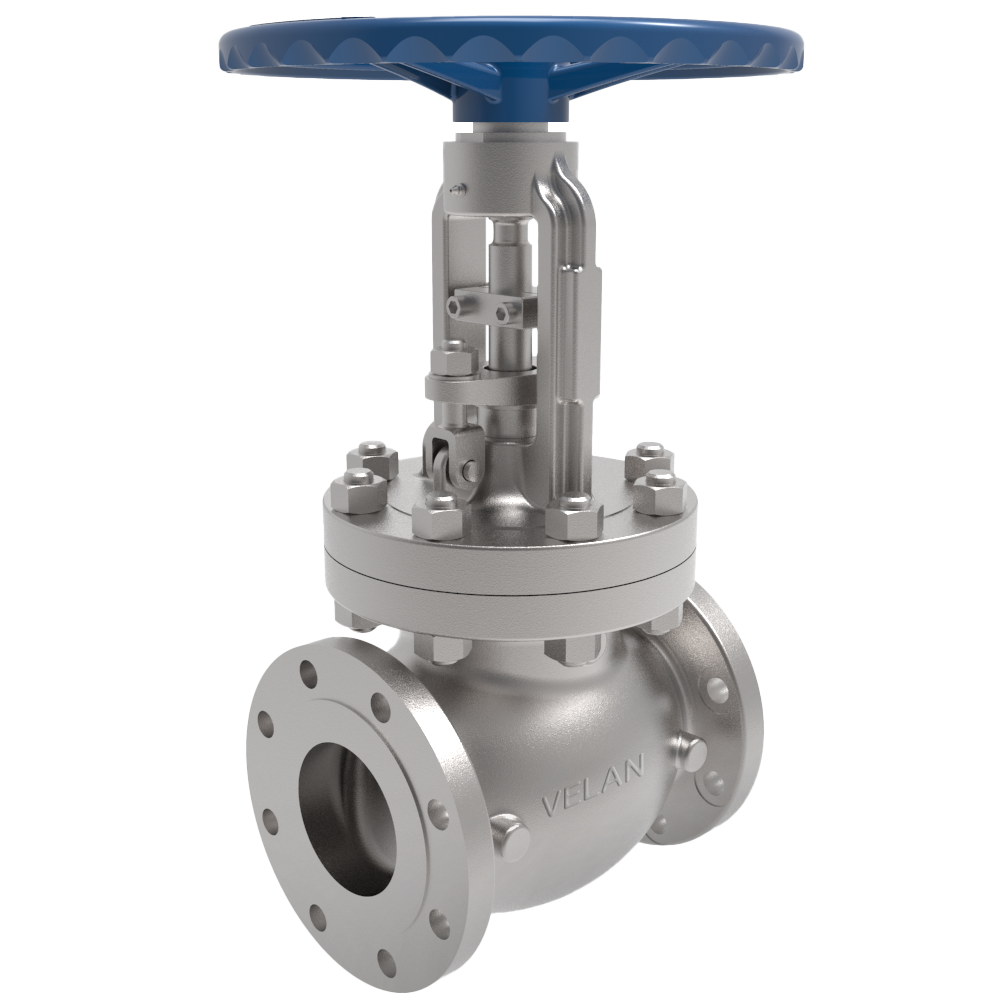 A silver industrial valve with a flanged connection and a blue handwheel is shown. The valve is labeled with the brand name "VELAN.