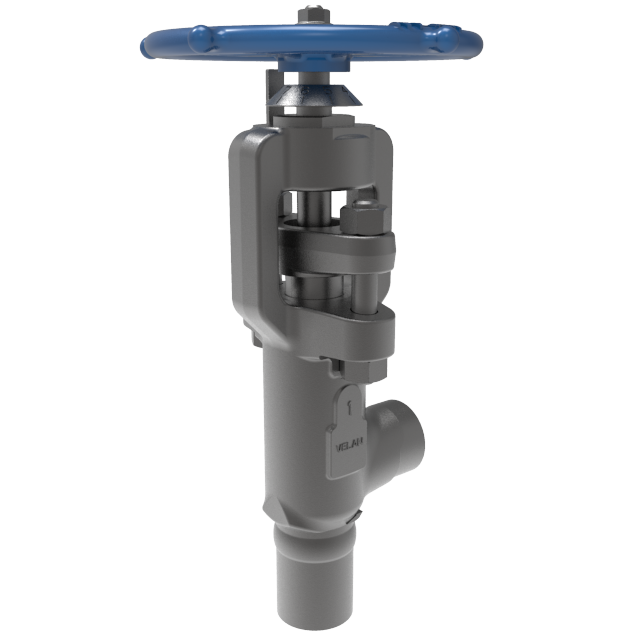 A metal valve with a blue round handle on top. The body of the valve is silver with visible bolts and connection points designed for industrial purposes. The company's logo and name are embossed on the side.
