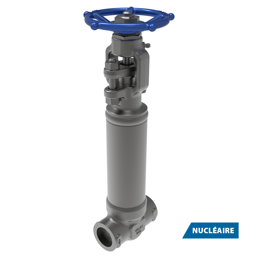 Une vanne industrielle métallique avec un volant bleu sur le dessus et un corps cylindrique, étiquetée "NUCLÉAIRE" dans une boîte bleue, indiquant son utilisation dans des applications nucléaires.