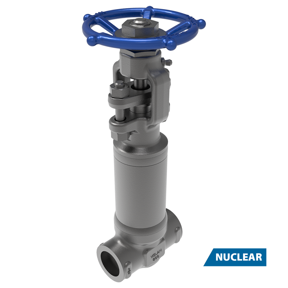 A metallic industrial valve with a blue handwheel on top and cylindrical body, displayed on a white background. A blue label at the bottom right corner reads "NUCLEAR.